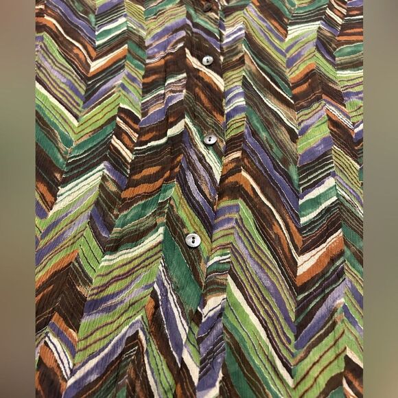 EUC Max Mara 100% Silk Sheer Button-Up Blouse Chevron Green Brown Purple Size 8 - Picture 2 of 9